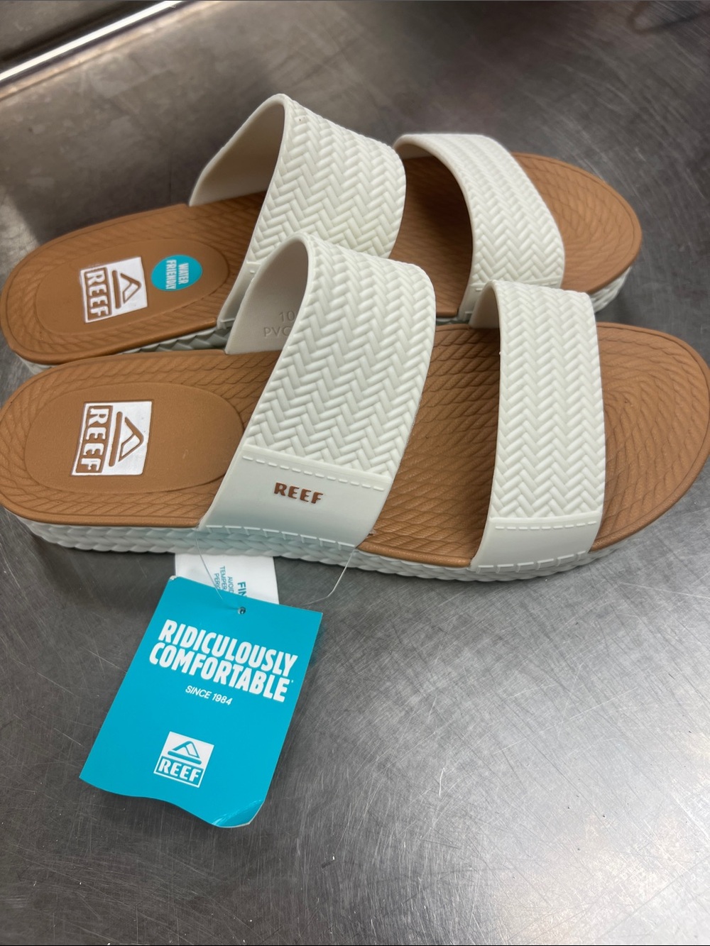Reef White Double-Strap Sandals with Tan Footbed Water Vista Slide Sz 10 - Picture 3 of 7
